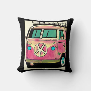 Roze Retro Hippie Van  Kleuren Kunst Kussen