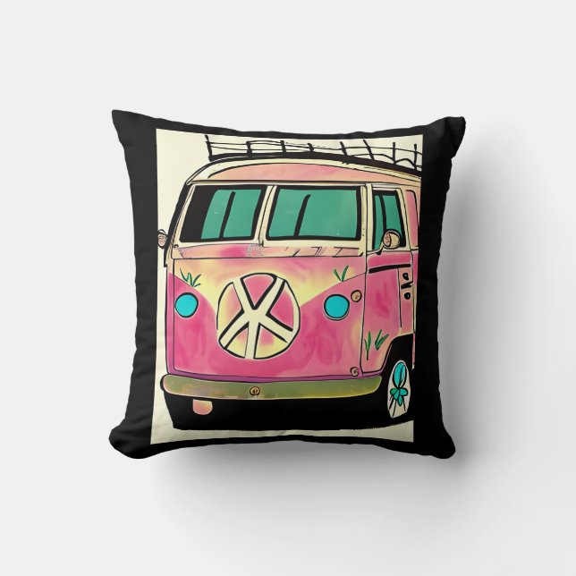 Roze Retro Hippie Van  Kleuren Kunst Kussen (Voorkant)