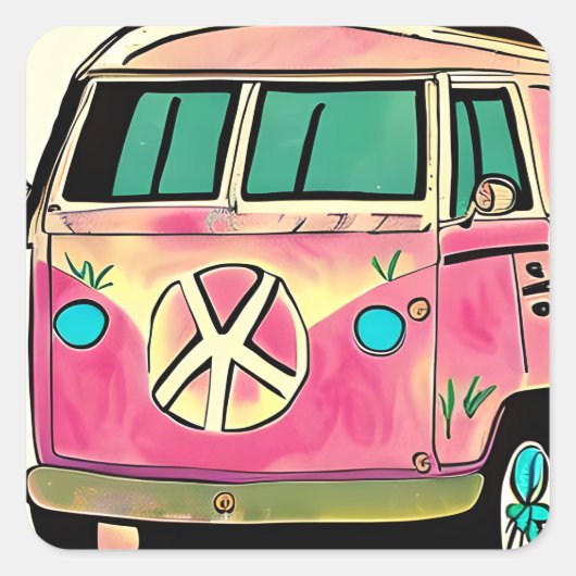 Roze Retro Hippie Van Kleuren Kunst Vierkante Sticker (Voorkant)