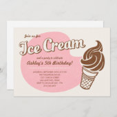 Roze Retro Ice Cream Birthday Party-uitnodigingen Kaart (Voorkant / Achterkant)