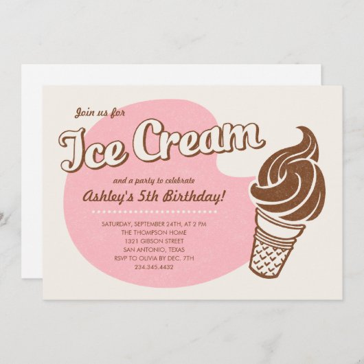 Roze Retro Ice Cream Birthday Party-uitnodigingen Kaart (Voorkant / Achterkant)