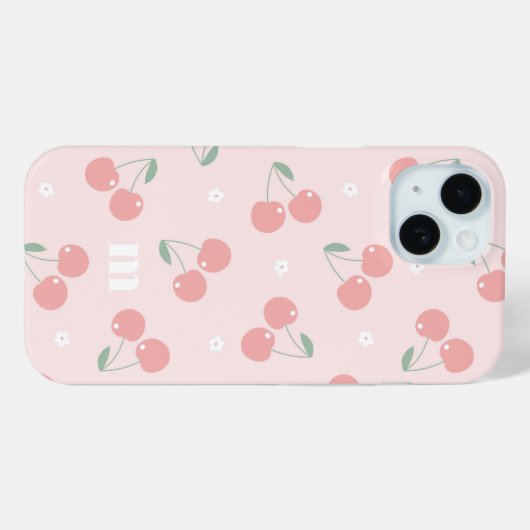 Roze Retro Kersen Aangepaste naam Monogram Case-Mate iPhone Case (Achterkant (horizontaal))