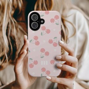 Roze Retro Kersen Aangepaste naam Monogram iPhone 16 Hoesje