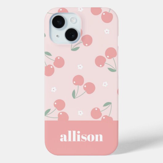 Roze Retro Kersen Aangepaste naam Monogram Case-Mate iPhone Case (Achterkant)