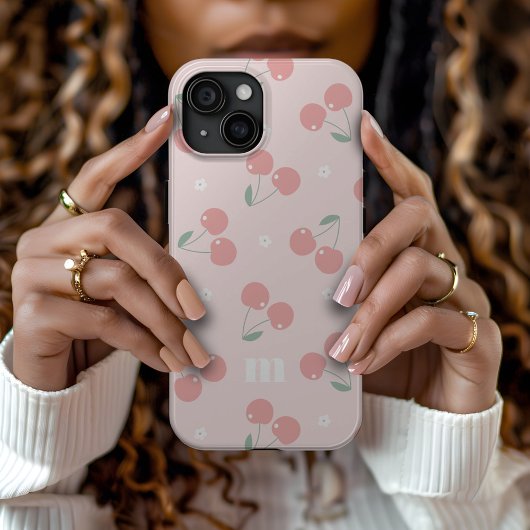 Roze Retro Kersen Aangepaste naam Monogram iPhone 15 Case