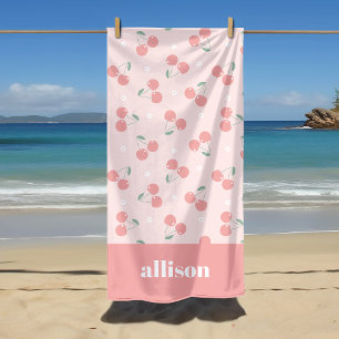 Roze Retro Kersen Aangepaste naam Monogram Strandlaken