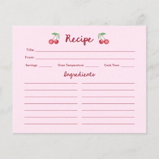 Roze Retro Kersen | Vrijgezellenfeest Recept Kaart (Voorkant)