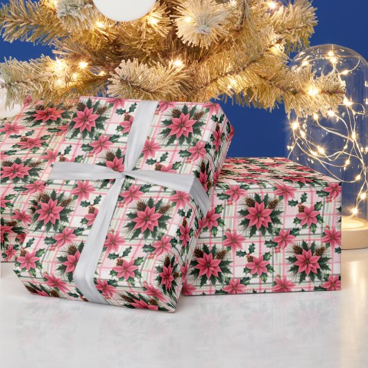 Roze Retro Kerst Bloemen Plaid Vrolijk Kerstfeest Cadeaupapier (Feestdagen)