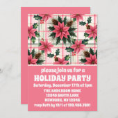 Roze Retro Kerst Bloemen Plaid Vrolijk Kerstfeest Kaart (Voorkant / Achterkant)