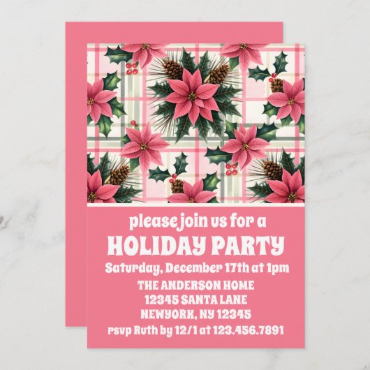 Roze Retro Kerst Bloemen Plaid Vrolijk Kerstfeest Kaart (Voorkant / Achterkant)