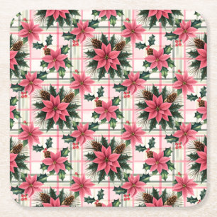 Roze Retro Kerst Bloemen Plaid Vrolijk Kerstfeest Kartonnen Onderzetters