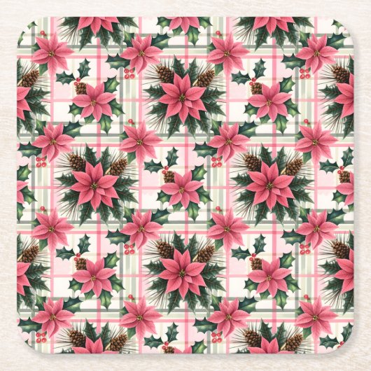 Roze Retro Kerst Bloemen Plaid Vrolijk Kerstfeest Kartonnen Onderzetters (Voorkant)