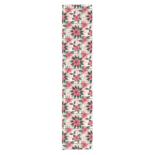 Roze Retro Kerst Bloemen Plaid Vrolijk Kerstfeest Korte Tafelloper (Voorkant)