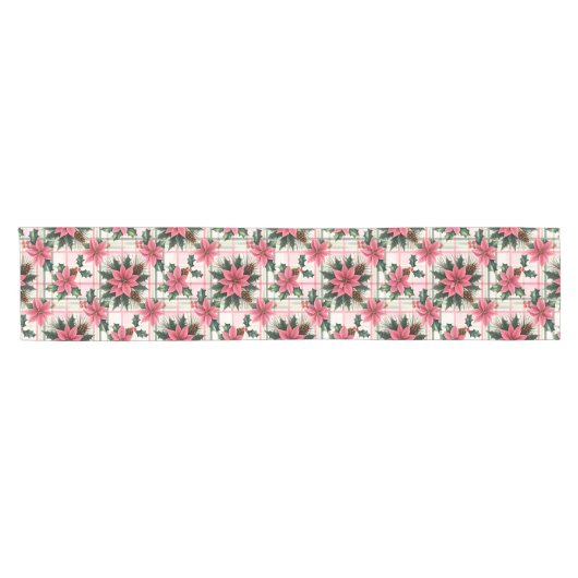 Roze Retro Kerst Bloemen Plaid Vrolijk Kerstfeest Korte Tafelloper (Horizontaal)