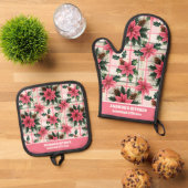 Roze Retro Kerst Bloemen Plaid Vrolijk Kerstfeest Ovenwant & Pannenlap Set (Top down)