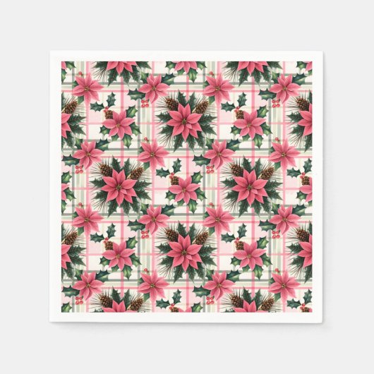 Roze Retro Kerst Bloemen Plaid Vrolijk Kerstfeest Servet (Voorkant)