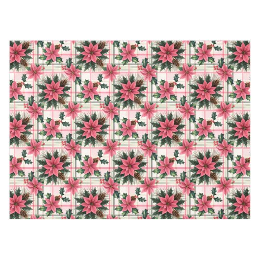Roze Retro Kerst Bloemen Plaid Vrolijk Kerstfeest Tafelkleed (Voorkant (Horizontaal))