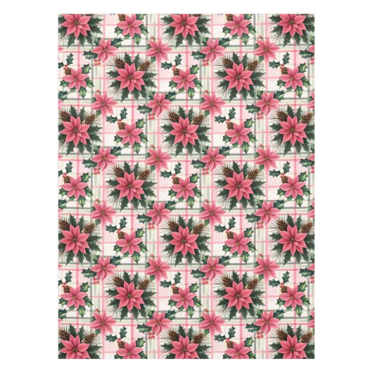 Roze Retro Kerst Bloemen Plaid Vrolijk Kerstfeest Tafelkleed (Voorkant)