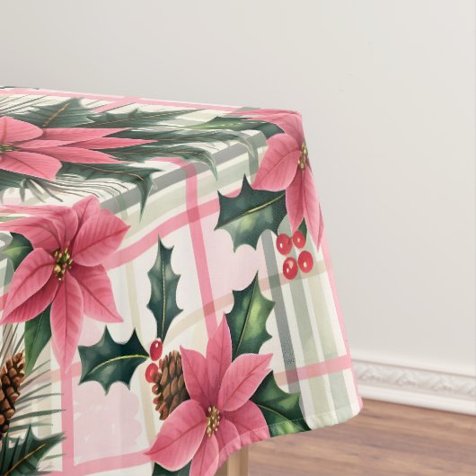 Roze Retro Kerst Bloemen Plaid Vrolijk Kerstfeest Tafelkleed (Voorbeeld)