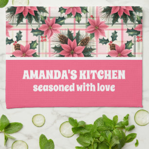 Roze Retro Kerst Bloemen Plaid Vrolijk Kerstfeest Theedoek