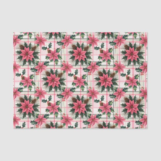 Roze Retro Kerst Bloemen Plaid Vrolijk Kerstfeest Tissuepapier (Voorkant)