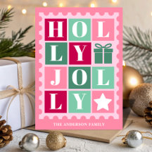 Roze Retro Kerst Merry Christmas Postzegel