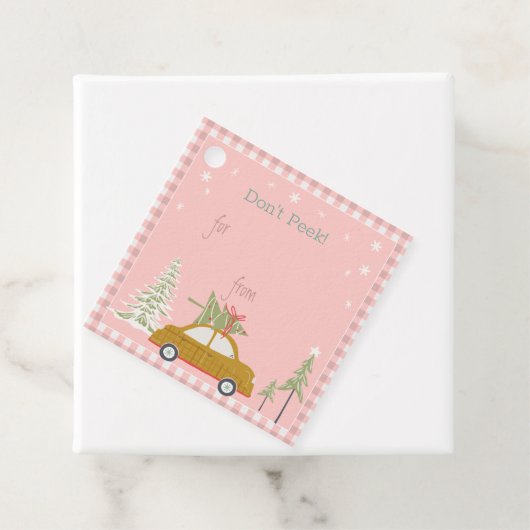 Roze Retro kerstauto Label Car Woodland (In situ)