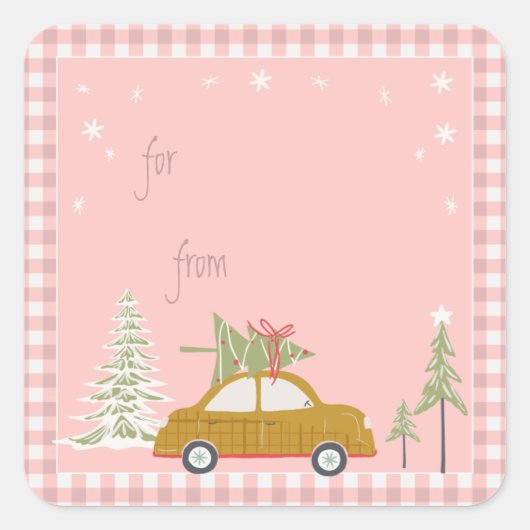 Roze Retro kerstauto Label Car Woodland (Voorkant)