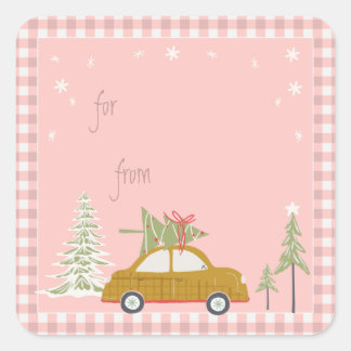 Roze Retro kerstauto Label Car Woodland