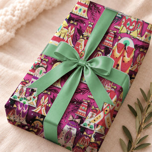 Roze Retro Kerstbellen Vintage Cadeaupapier