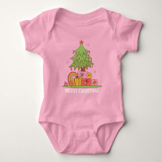 Roze Retro Kerstboom Baby Meisje Romper (Voorkant)