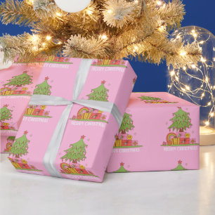 Roze Retro Kerstboom Cadeaupapier