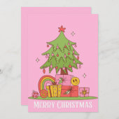 Roze Retro Kerstboom Feestdagenkaart (Voorkant / Achterkant)