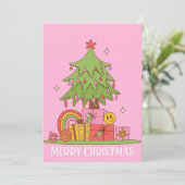 Roze Retro Kerstboom Feestdagenkaart (Staand voorkant)