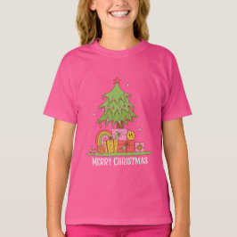 Roze Retro Kerstboom meisjes T-shirt
