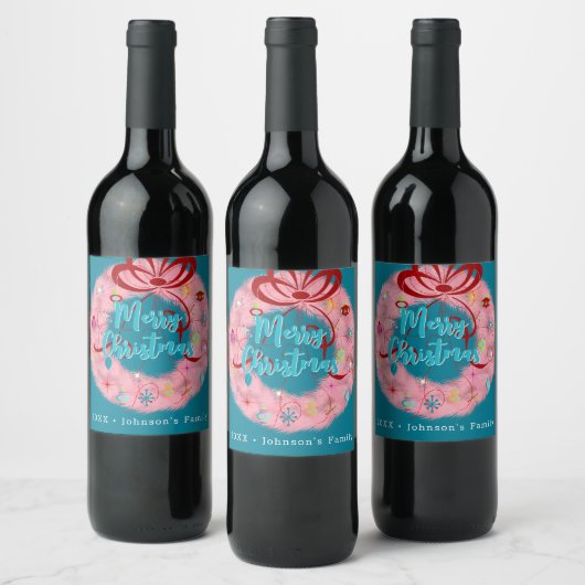 Roze Retro Kerstkrans Wijn Etiket (Flessen)