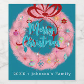 Roze Retro Kerstkrans Wijn Etiket (Enkel label)