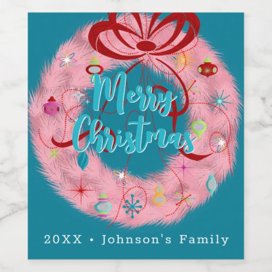 Roze Retro Kerstkrans Wijn Etiket (Enkel label)