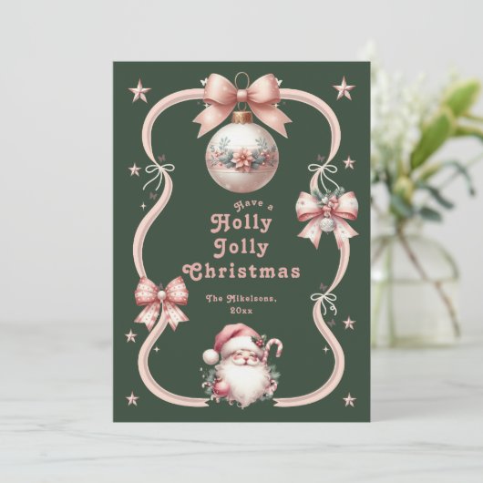 Roze Retro Kerstman Feestdagenkaart (Staand voorkant)