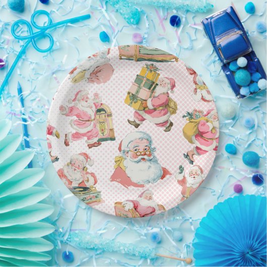 Roze Retro Kerstman Thema, Kerstfeest Papieren Bordje (Feest)