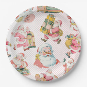 Roze Retro Kerstman Thema, Kerstfeest Papieren Bordje