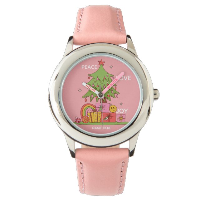 Roze Retro Kerstmeisjes Horloge (Voorkant)