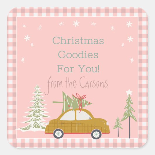 Roze Retro Kerstmis Bakken Goodie Treats Square Vierkante Sticker (Voorkant)