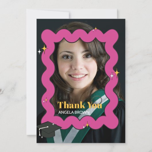 Roze retro kronkelende golvende foto dank u bedankkaart (Voorkant)