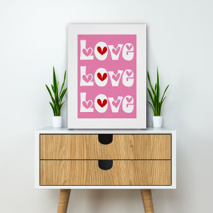 Roze retro LOVE typografie met rode harten Perfect Poster