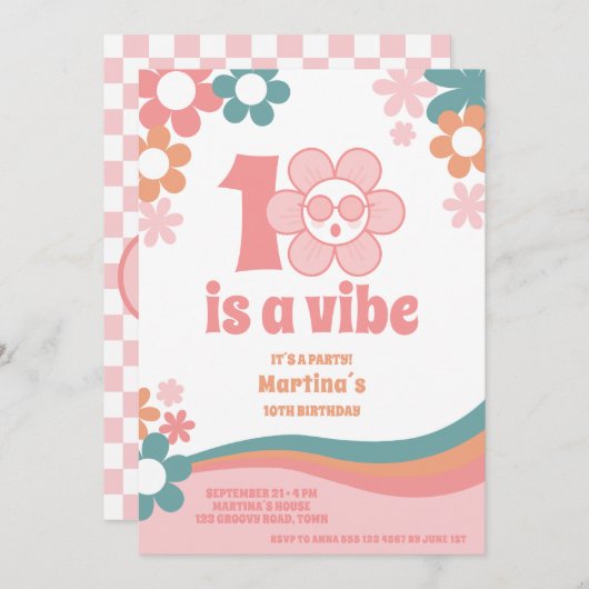 Roze Retro Meisje 10e Verjaardag Uitnodiging (Voorkant / Achterkant)