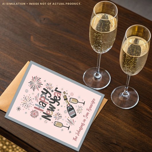 Roze Retro Mid Century Moderne Stijl Gelukkig Nieu Feestdagenkaart