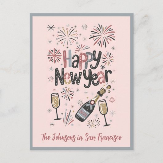 Roze Retro Mid Century Moderne Stijl Gelukkig Nieu Feestdagenkaart (Voorkant)