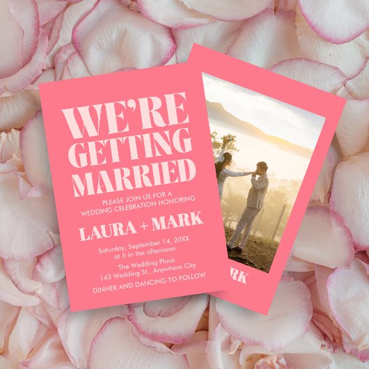 Roze Retro Moderne Chic Fotobruiloft Kaart