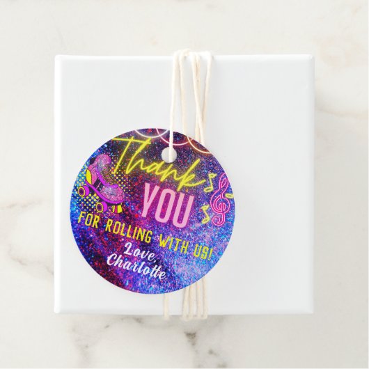 Roze Retro Neon Glow Rolschaatsen Dank u Bedankjes Labels (In situ)